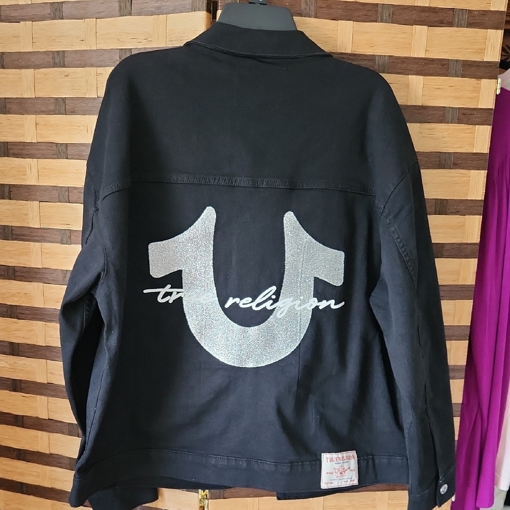 NWT! True Religion Black Denim Jacket with Silver Logo